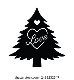 Christmas tree with love silhouette vector on a white background.