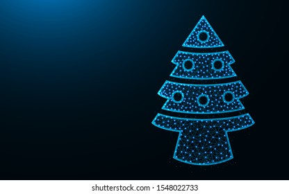 Christmas tree low poly design, spruce with toys abstract geometric image, wireframe mesh polygonal vector illustration made from points and lines on dark blue background