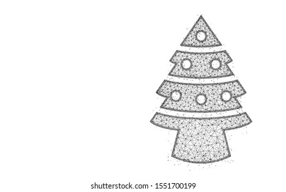 Christmas tree low poly design, spruce with toys abstract geometric art, wireframe mesh polygonal vector illustration made from points and lines on white background
