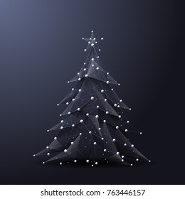 Christmas tree low poly wireframe. Vector polygonal image in the form of a starry sky or space consisting of points, lines, and shapes in the form of stars with destruct shapes. Happy New Year concept