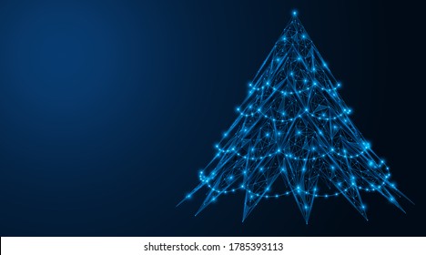 Christmas tree. A low-poly construction consisting of connected lines and points. Blue background.