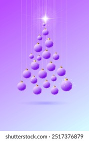 Árbol de Navidad hecho de bolas de Navidad esponjosas púrpuras 3D suspendidas en el aire sobre un fondo púrpura-azul. Espacio para una inscripción, texto.Una idea para unas Navidades festivas, tarjeta de Año Nuevo.Elegante, Vector