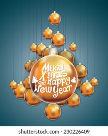 Christmas tree made of Christmas balls. Christmas card. Merry X-mas and Happy New Year.