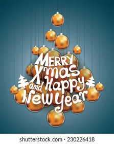 Christmas tree made of Christmas balls. Christmas card. Merry X-mas and Happy New Year.