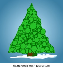 Christmas tree made of balls, hand-drawn, vector illustration on blue background
