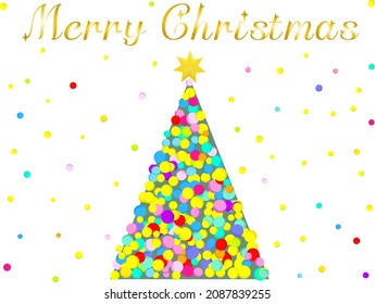 Árbol de Navidad hecho de bolas de luz, texto dorado de "Feliz Navidad".