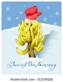 Christmas tree made of bananas, the object of desire of a monkey.Vector.
