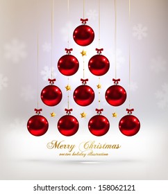 Christmas Tree Made of Baubles, blurred snowflakes, vector