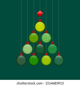 Christmas Tree Made Of Baubles With Pattern Green And Red