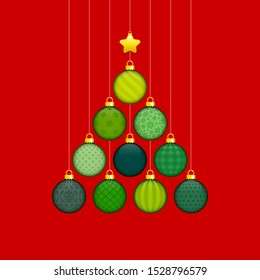 Christmas Tree Made Of Baubles With Pattern Green Gold on Red