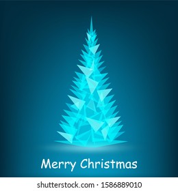 Christmas tree made of blue luminous triangles on a blue background. Vector illustration.