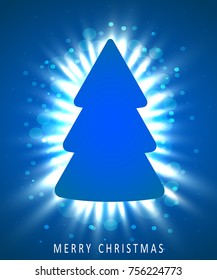 Christmas tree made of blue paper on blue background. New year and christmas greeting card or party invitation. Vector illustration.