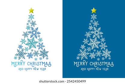 Christmas tree made of blue snowflake shapes and golden star. Abstract Merry Christmas and Happy New Year greeting card design.