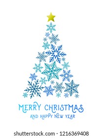 Christmas tree made of blue snowflakes with golden star on top of it. Abstract Merry Christmas and Happy New Year greeting card design.