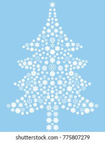 Christmas tree made of blue snowflakes on a white background