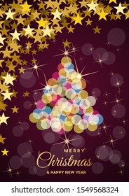 Christmas tree made blurred light, vector postcard or greeting on purple background