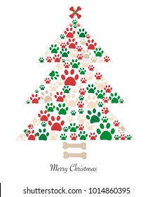 Christmas tree made of bone and paw prints. New year greeting card background