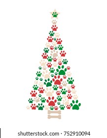 Christmas tree made of bone and paw prints. New year greeting card