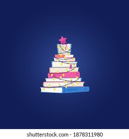 Christmas tree made of books, garland, star, vector banner, new year card, holiday