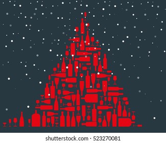 Christmas tree made with bright red wine bottles and glasses of different sizes and forms on a dark blue background with snowflakes falling from the sky - vector illustration  