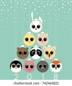 Christmas Tree made by the Christmas balls with the animals faces.The rabbit,duck, cat, bear, panda, puppy dog, penguin, pig, seal and fox. At the bottom of the image the numbers two,zero,one,eight.