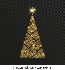 Christmas tree made by gold glitter at transparent background. Xmas pine tree made of golden bright particles. Vector illustration.