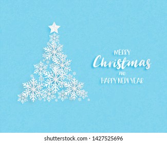 Christmas tree made by origami snowflakes on blue background. Digital craft in paper cut style. Vector illustration.