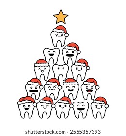 Christmas Tree Made of Cartoon Teeth with Santa Hats Illustration	