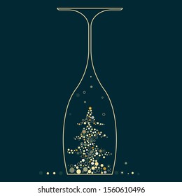 a christmas tree made of champagne bubbles inside covered by champagne glass - flat vector illustration