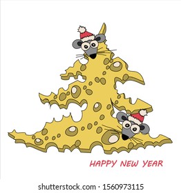 Christmas tree made of cheese. Greeting card with two cute mice. Happy New Year!