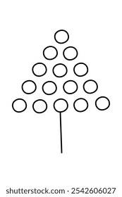 Christmas tree made of circles. Doodle black and white clipart illustration.