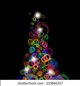 Christmas tree made ??of circles on a black background. Vector
