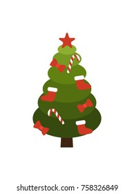 Christmas tree made up of circles, red star placed on its top, icons of candies and traditional socks, ribbons represented on vector illustration