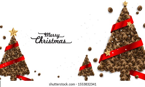 Christmas tree made from coffee beans view from above with red ribbon around. Winter holiday concept. Minimal New Year white background. The smell of christmas or good morning. - Vector