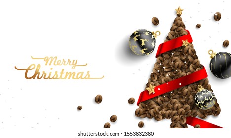 Christmas tree made from coffee beans view from above with red ribbon and christmas balls around. Winter holiday concept. The smell of christmas or good morning. - Vector