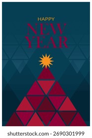 Árbol de Navidad hecho de bloques de colores con una estrella. Elegante tarjeta de Año Nuevo.
