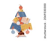 Christmas tree made of colorful books Decorated with xmas glass balls Isolated white background. Cute bright pile of books. Home library. Happy education. Cartoon flat vector illustration.