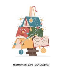 Christmas Tree Made Of Colorful Books And Xmas Balls And Garland. Cute Bright Design Of Books. Home Library Or Bookstore Decoration. Flat Vector Illustration.