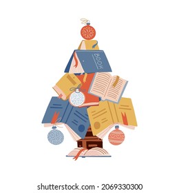 Christmas tree made of colorful books Decorated with xmas glass balls Isolated white background. Cute bright pile of books. Home library. Happy education. Cartoon flat vector illustration.