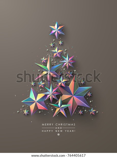 Christmas Tree Made Colourful Holographic Stars Stock Vector