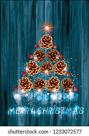 Christmas tree is made of cones on a darc wooden background. Vector illustration