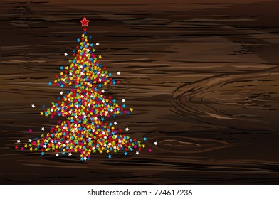 A Christmas tree made of confetti. Happy new year. Winter. Vector. Greeting card for holiday on a wooden background