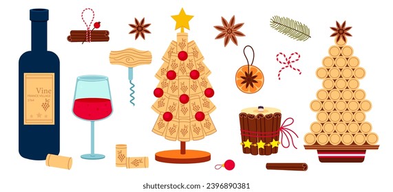 Christmas tree made of corks with yellow star. Cartoon open bottle of wine with glass of red wine vector illustration.  Christmas tree from stopper, Handmade, DIY. 