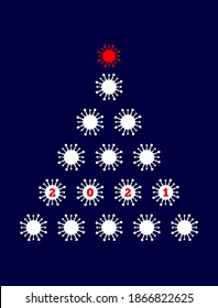 Christmas tree made of coronavirus bacteria with number 2021. Flat vector illustration.