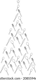 Christmas tree made of cutlery - forks, spoons and knives. Line drawing. Vector illustration.