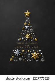 Christmas Tree Made Of Cutout Gold Foil And White Paper Stars, Silver Glitter Snowflakes And Beads On Black Background. Chic Christmas Greeting Card