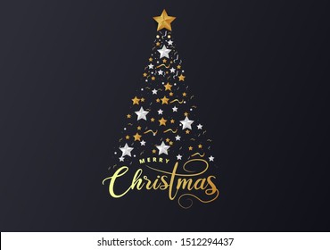 Christmas Tree made of Cutout Gold Foil and White Paper Stars, Silver Glitter  Beads on Black Background. Chic Christmas Greeting Card.