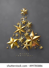 Christmas Tree Made Of Cutout Gold Foil Stars And Gold Beads On Grey Background. Chic Christmas Greeting Card.