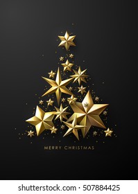 Christmas Tree made of Cutout Gold Foil Stars and Gold Beads on Black Background. Chic Christmas Greeting Card.