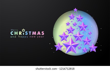 Christmas Tree made of cutout holographic foil cutout  stars  on Black Background. Beautiful and bright card for congratulations with place for text.